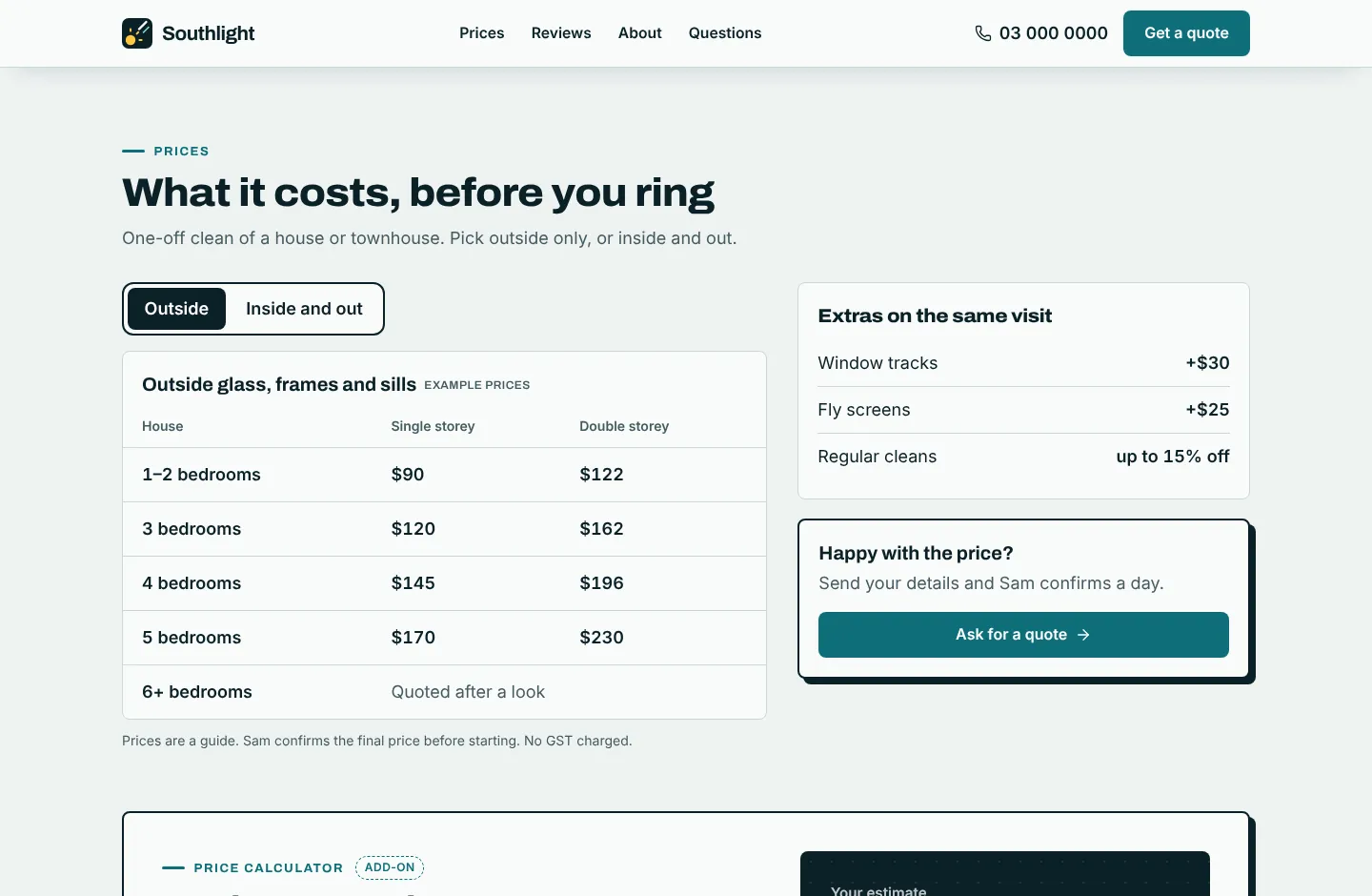 The Southlight demo on a laptop: a price table for window cleaning by house size, extras and a quote button