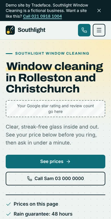 The Southlight demo site on a phone: the headline, a See prices button and a button to call